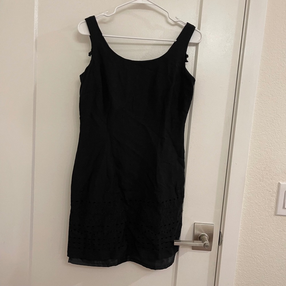 Vintage Black Linen Eyelet Mini Dress Business Chic Old Money Scoop Neck